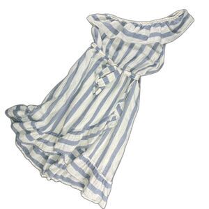 Listicle Blue & White Coastal Striped One Shoulder Ruffle Midi Dress Resort - Sm